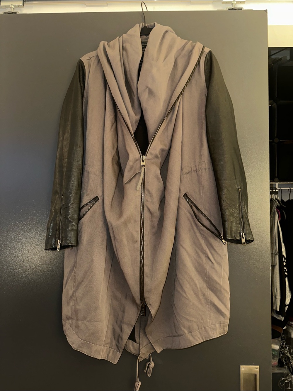 AllSaints Taupe Hooded Mixed-Media Trench Coat with Black Sleeves